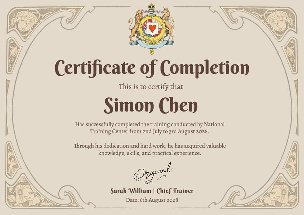 Certificate of completion template, editable design