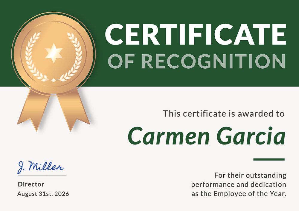 Certificate of recognition template, editable design