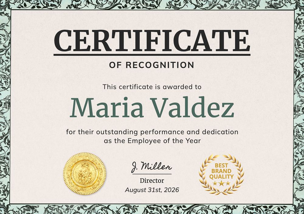 Certificate of recognition template, editable design