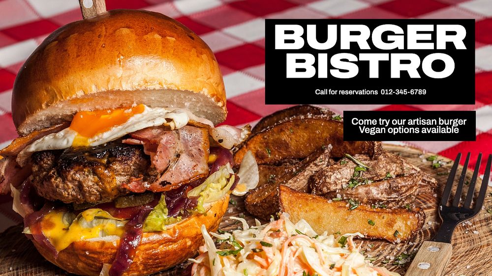 Burger bistro blog banner template, editable text