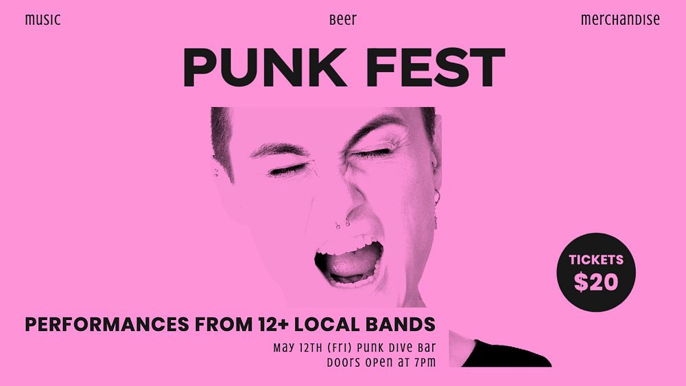 Punk music festival blog banner template, editable text