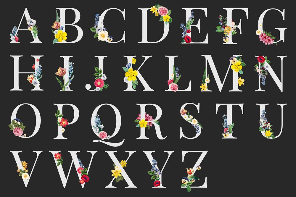 Editable floral alphabet, English capital letter set