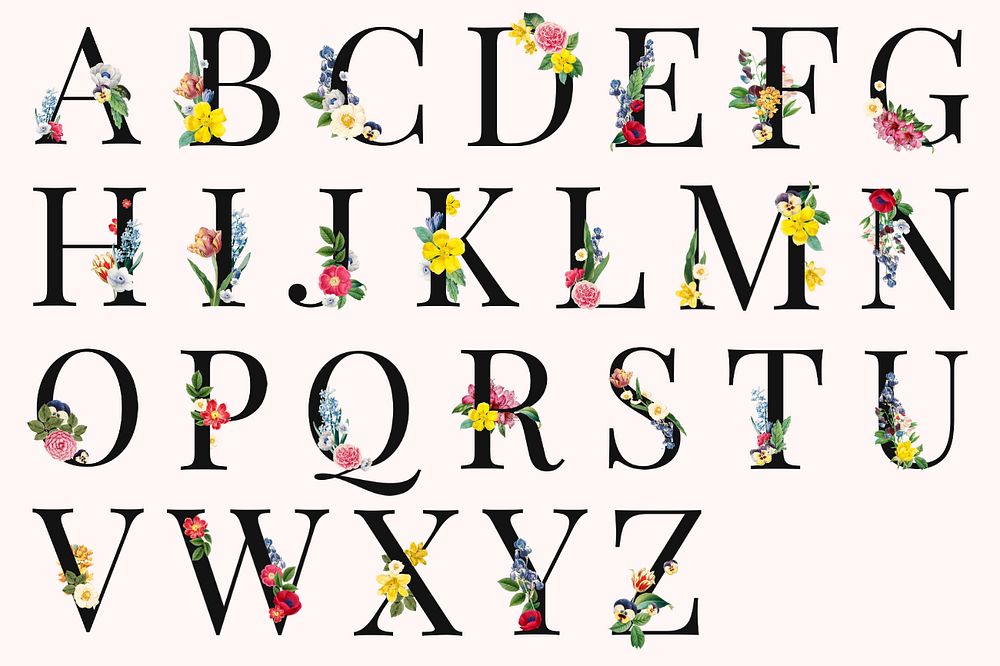 Editable floral alphabet, English capital letter set