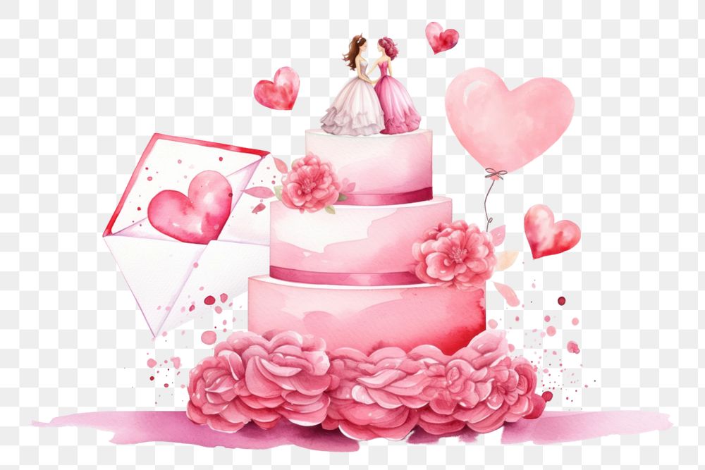 Pink wedding cake png, watercolor illustration, editable remix