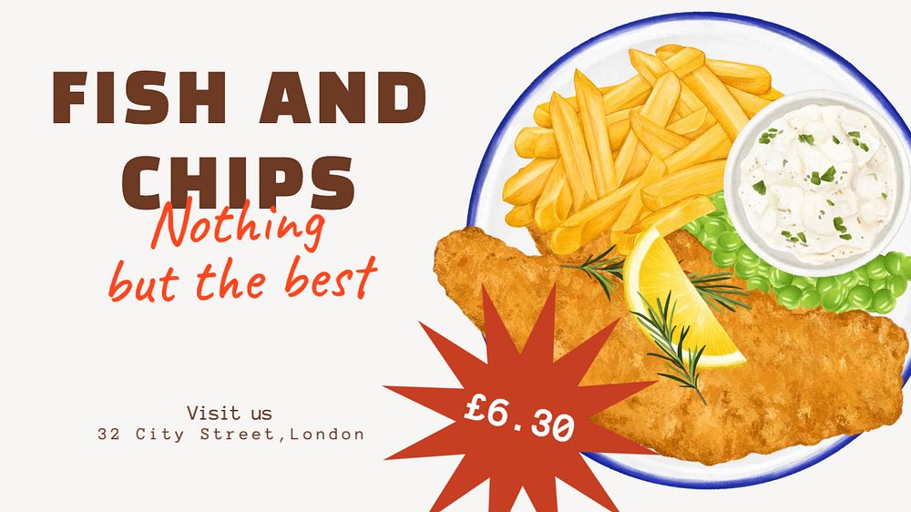 Fish and chips blog banner template, editable text