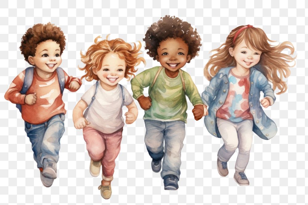 Diverse students after school png, watercolor illustration, editable remix