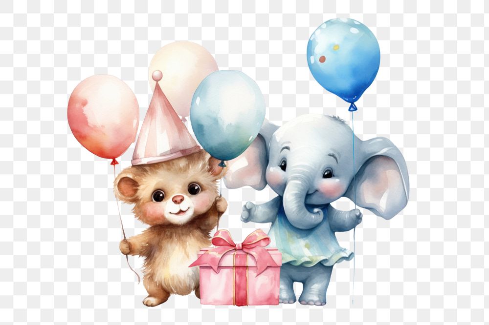 Cute birthday elephant and bear cartoon png, watercolor illustration, editable remix