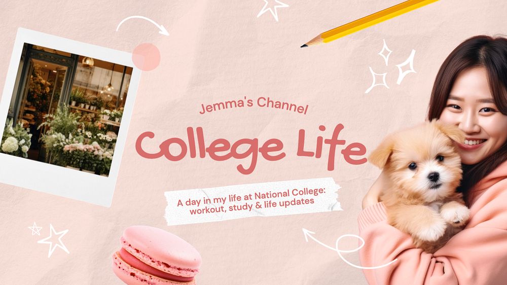 College life vlog Youtube cover template, editable design