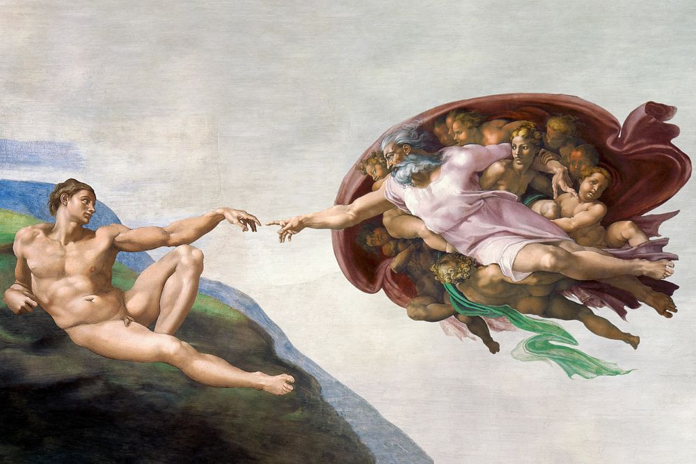 Editable Michelangelo Buonarroti's The Creation of Adam, famous vintage painting. Original from Wikimedia Commons.…