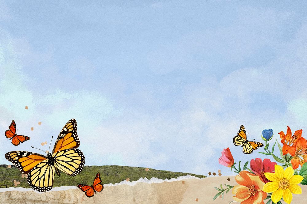 Blue sky background, colorful butterfly border, editable design