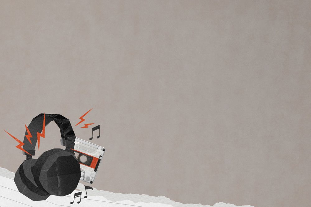 Headphones cassette tape background, ripped paper border, editable design