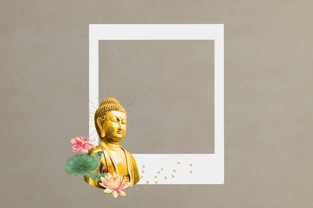 Buddha statue instant film frame, creative remix, editable design