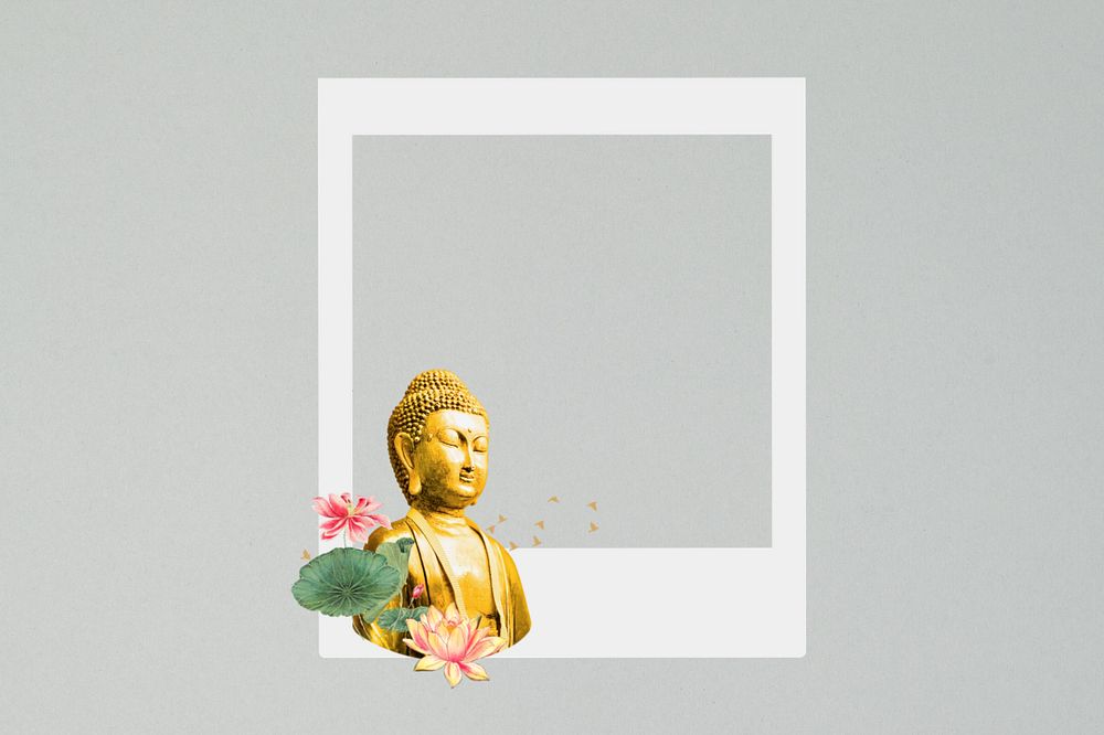 Buddha statue instant film frame, creative remix, editable design