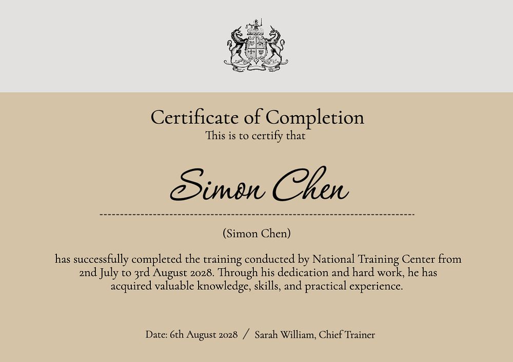 Certificate of completion template, editable design