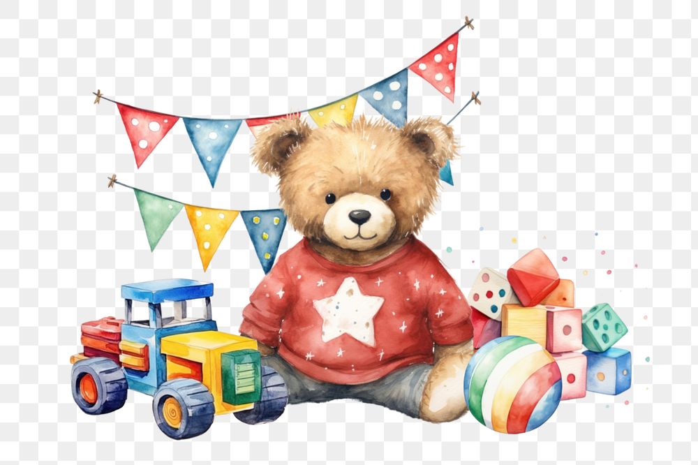 Teddy bear with kid toys png, watercolor illustration, editable remix