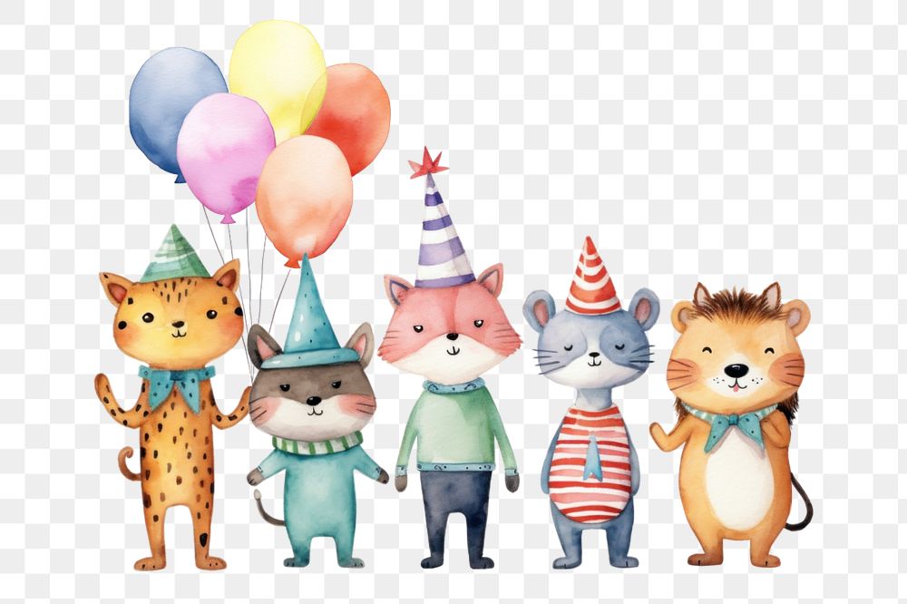 Cute animal birthday party cartoon png, watercolor illustration, editable remix