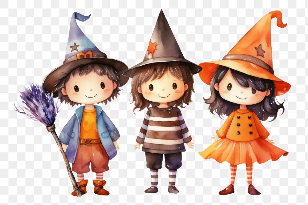 Kids in Halloween costume png, watercolor illustration, editable remix