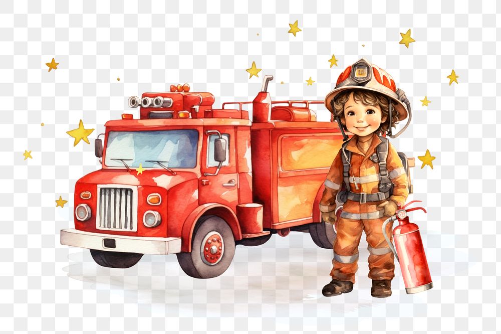 Little boy in firefighter uniform png, watercolor illustration, editable remix