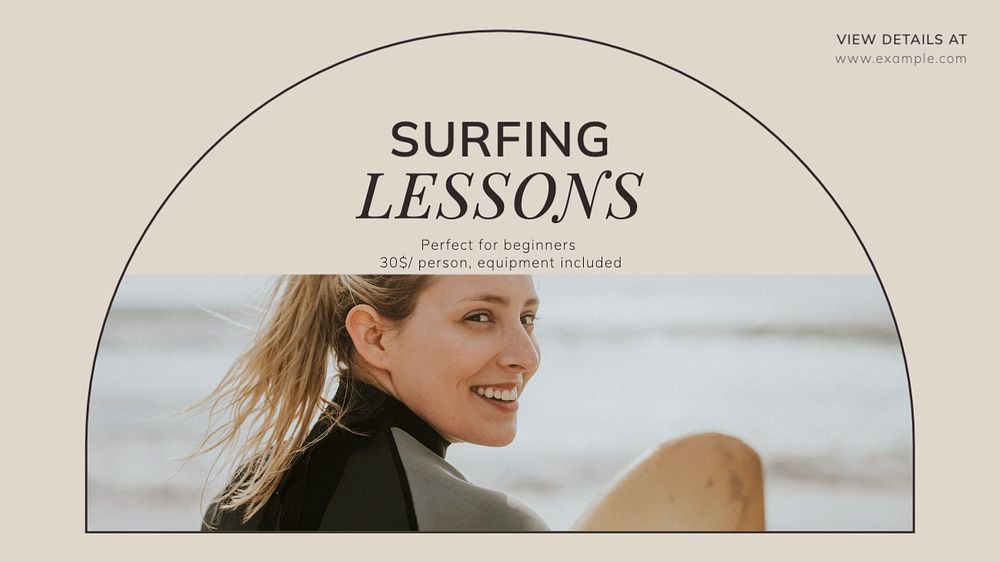 Surfing lessons blog banner template, editable text