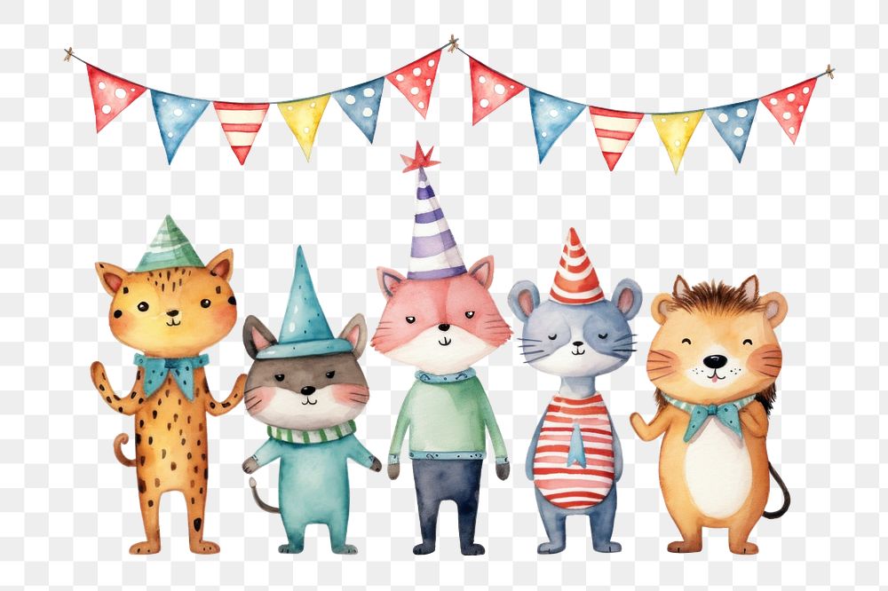 Cute animal birthday party cartoon png, watercolor illustration, editable remix