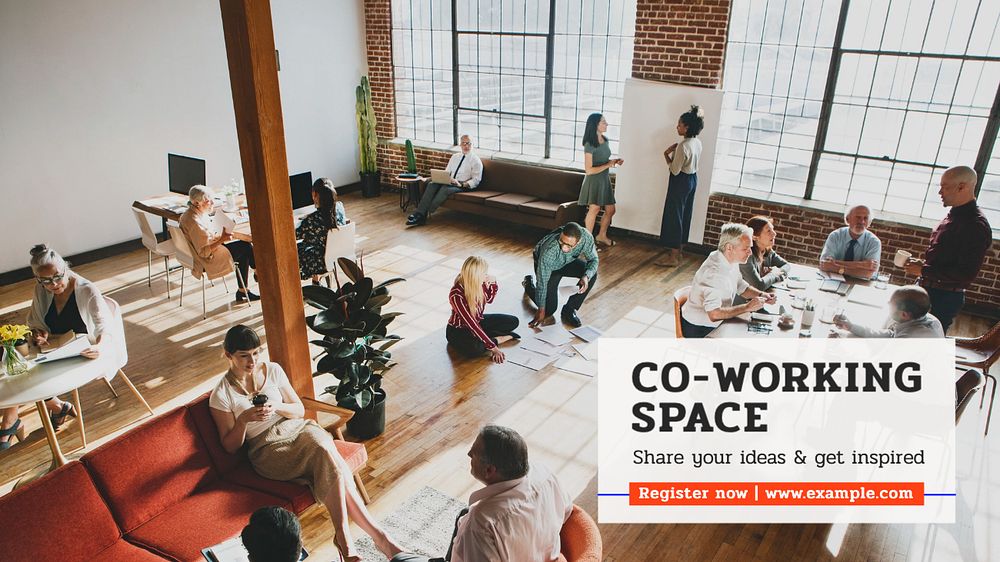 Co-working space blog banner template, editable text