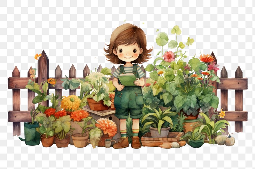 Little girl in garden png, watercolor illustration, editable remix