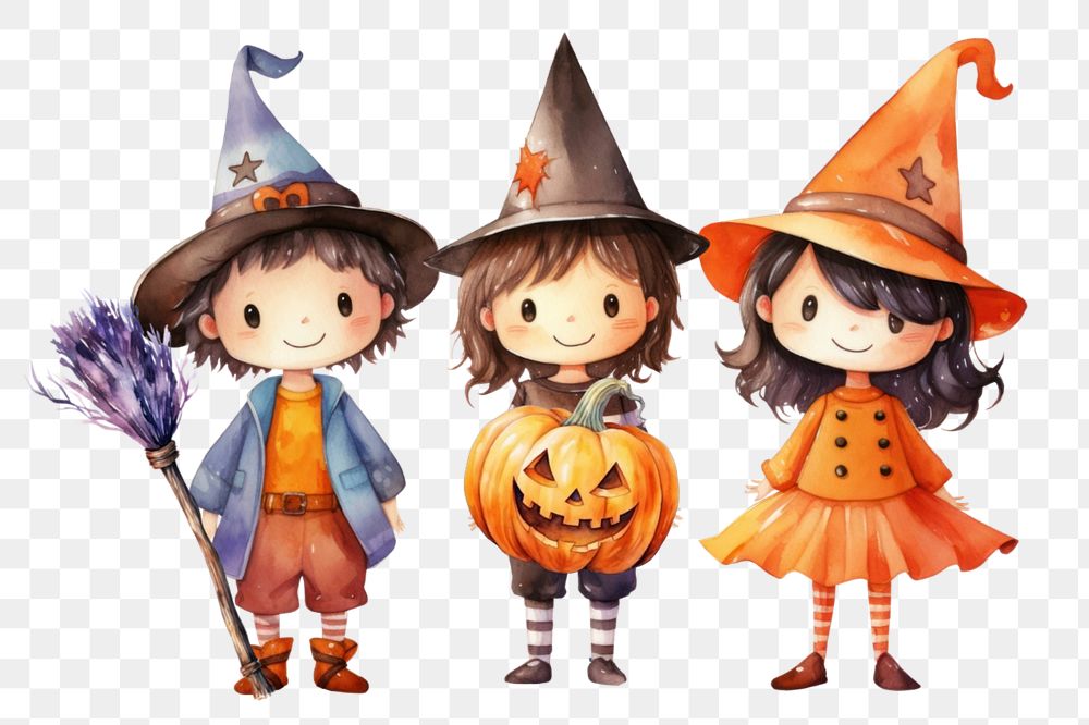 Kids in Halloween costume png, watercolor illustration, editable remix