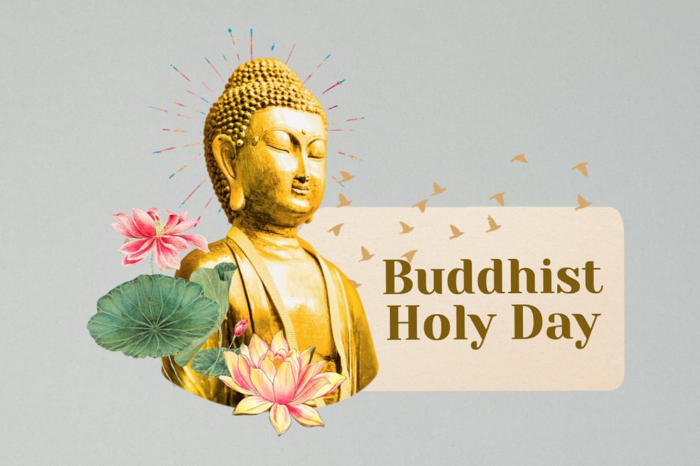 Buddhist Holy Day, Buddha statue paper craft remix, editable design