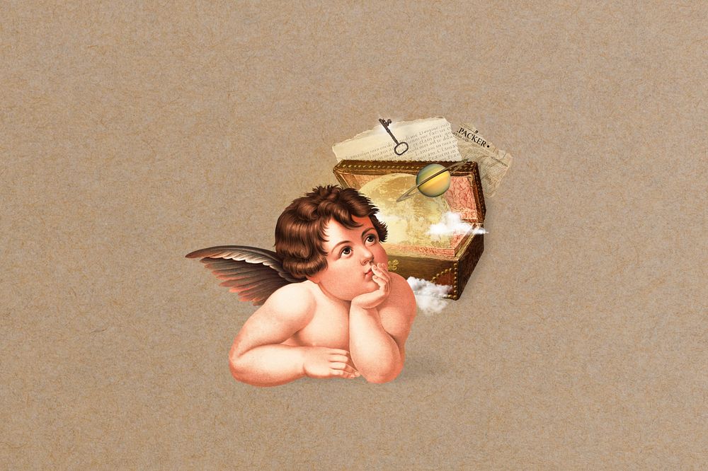 Cherub treasure chest collage illustration editable design