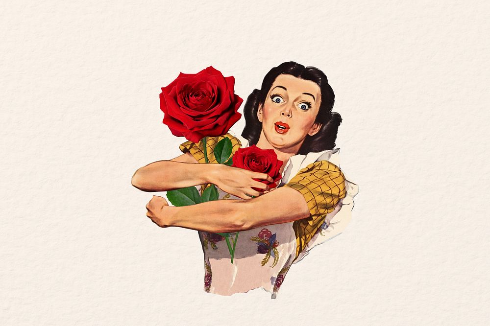 Vintage woman holding rose, Valentine's Day collage illustration editable design