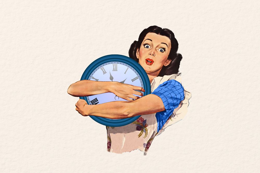 Time management, woman holding clock collage illustration editable design