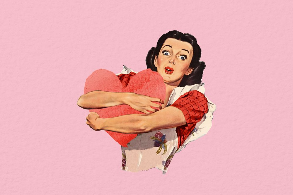 Vintage woman holding heart, Valentine's Day collage illustration editable design