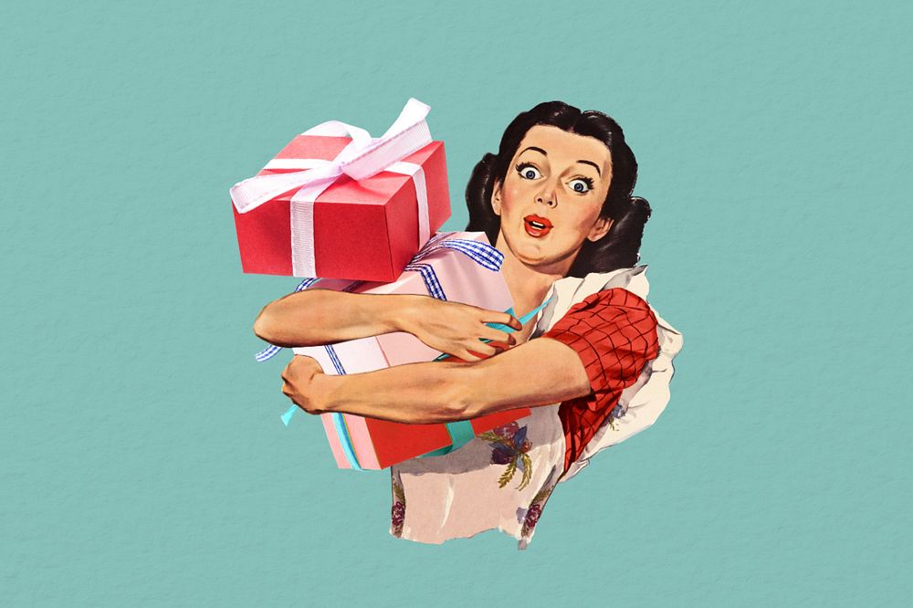 Vintage woman holding gift, Christmas collage illustration editable design