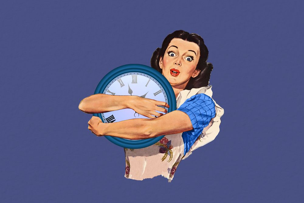 Time management, woman holding clock collage illustration editable design