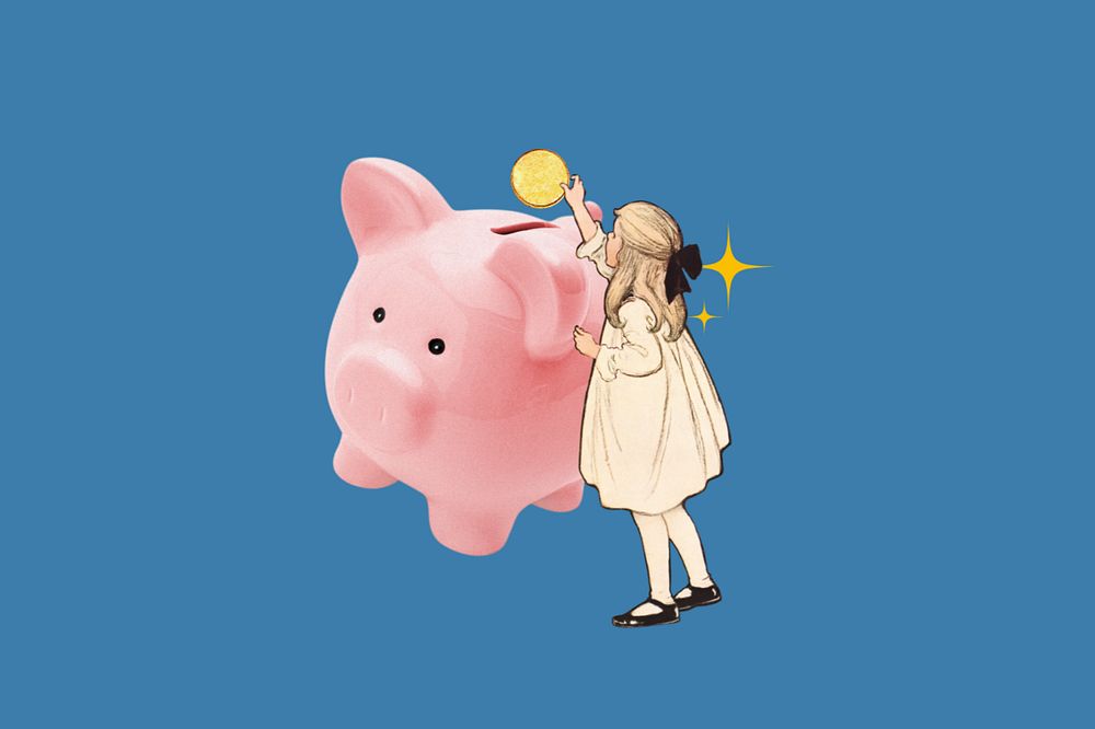 Piggy bank finance, vintage girl collage illustration editable design