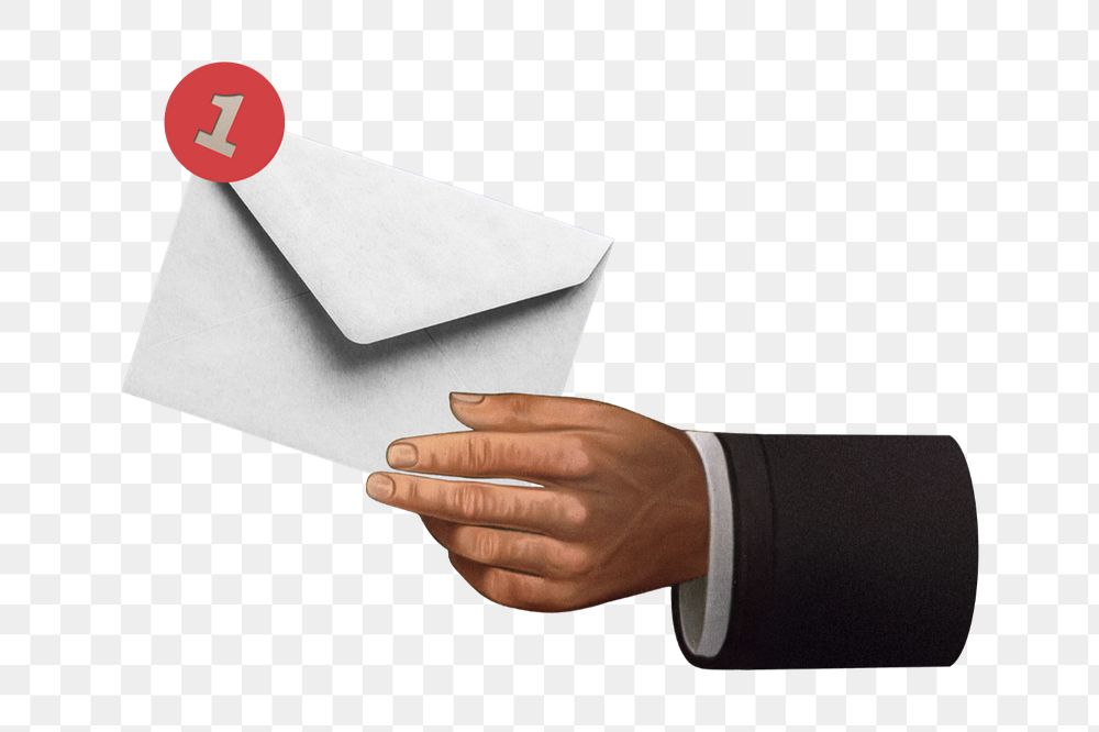 PNG Businessman's hand holding envelope, newsletter marketing illustration transparent background editable design