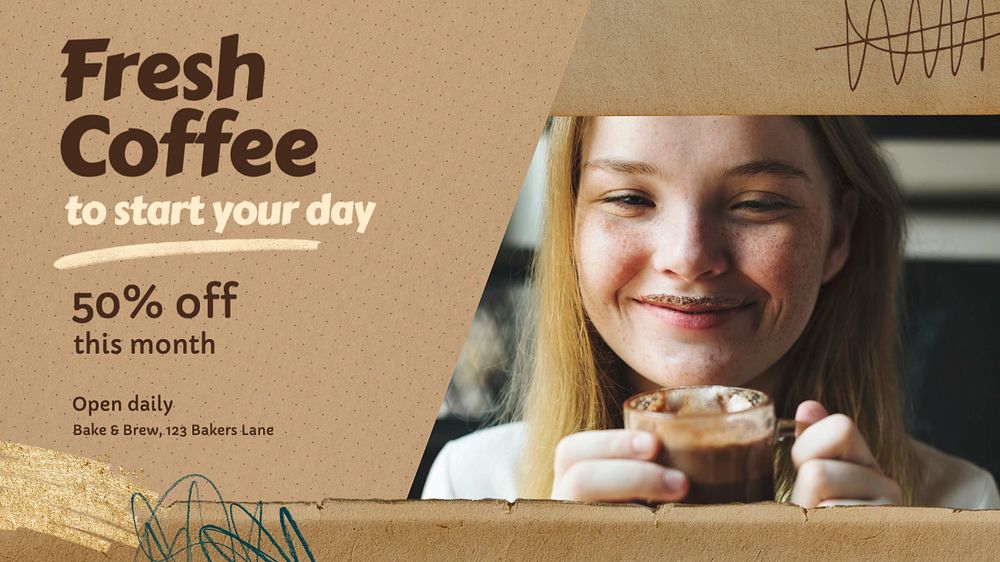 Fresh coffee blog banner template, editable text