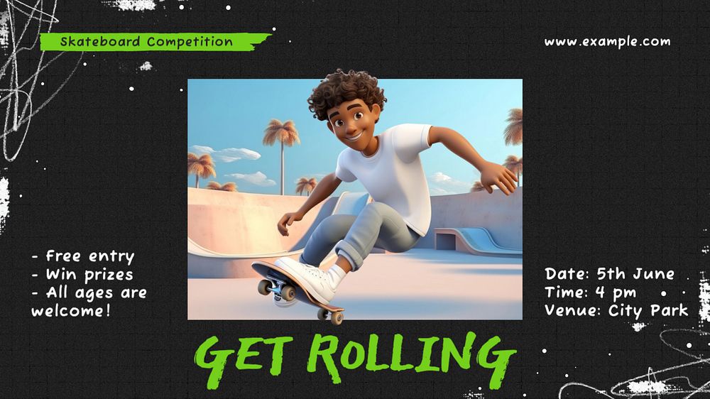 Skateboard competition blog banner template, editable text