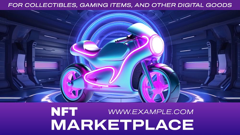 NFT marketplace blockchain blog banner template, editable text