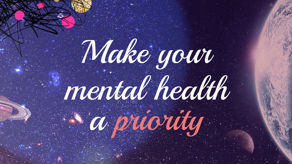 Aesthetic galaxy ppt presentation template, mental health quote 