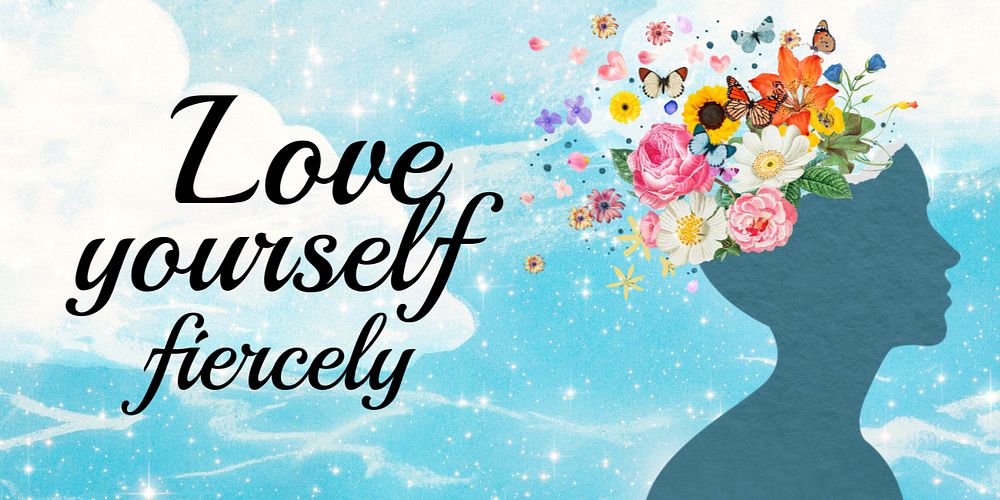 Love yourself Twitter ad template, surreal floral collage 