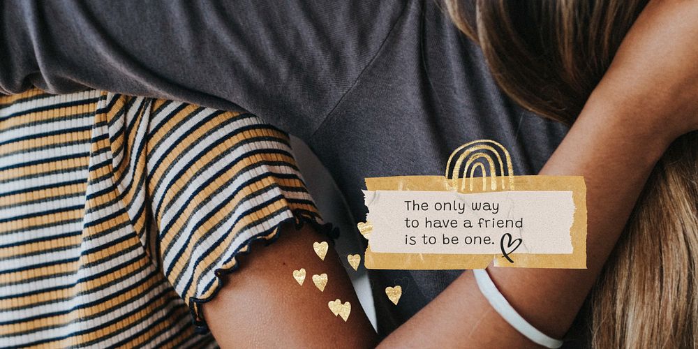 Friendship aesthetic Twitter post template, girls hugging photo