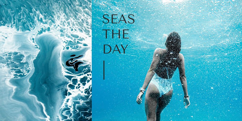 Woman underwater Twitter post template, travel aesthetic