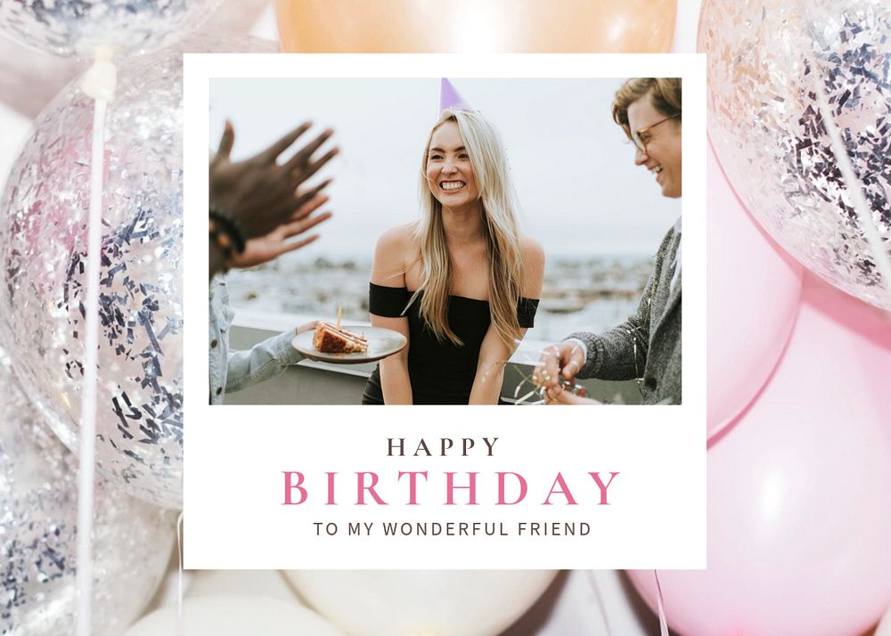 Feminine birthday greeting card template, instant photo film frame