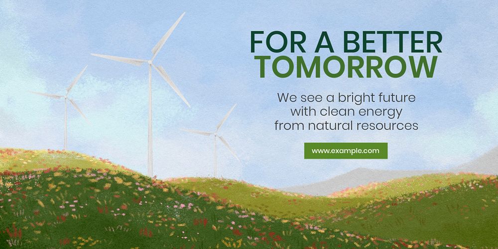 Flower field Twitter post template, wind farm illustration