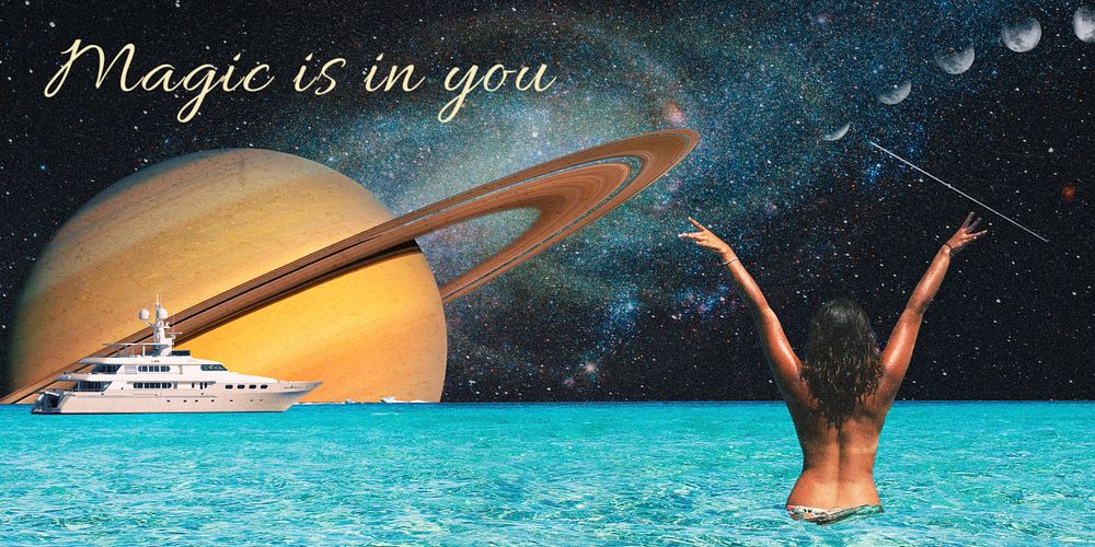 Summer vacation Twitter header template, surreal collage art remixed media