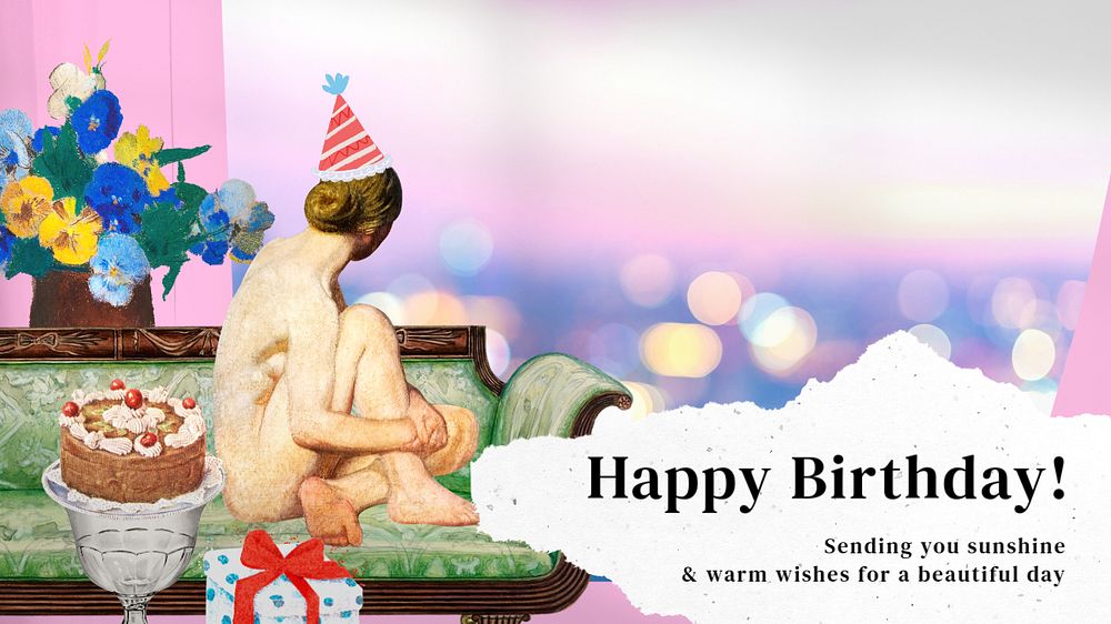 Happy Birthday YouTube thumbnail template, vintage woman illustration