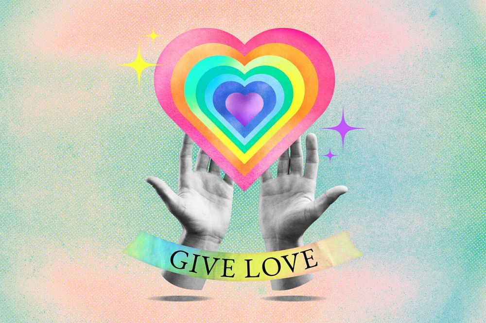 Editable give love word, LGBTQ+ rainbow heart collage remix