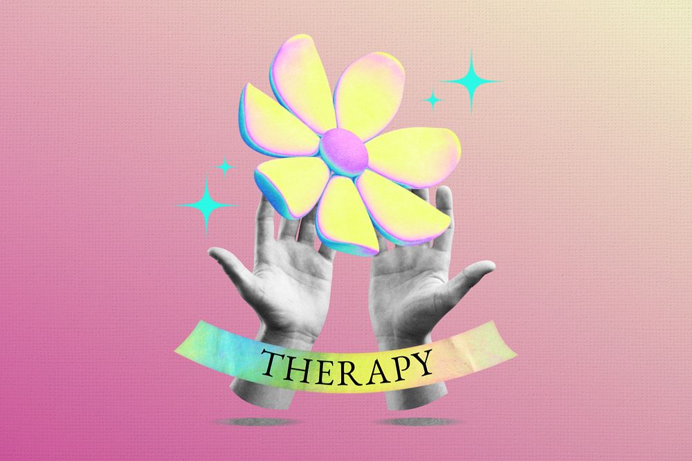 Editable therapy word, hand holding flower collage remix