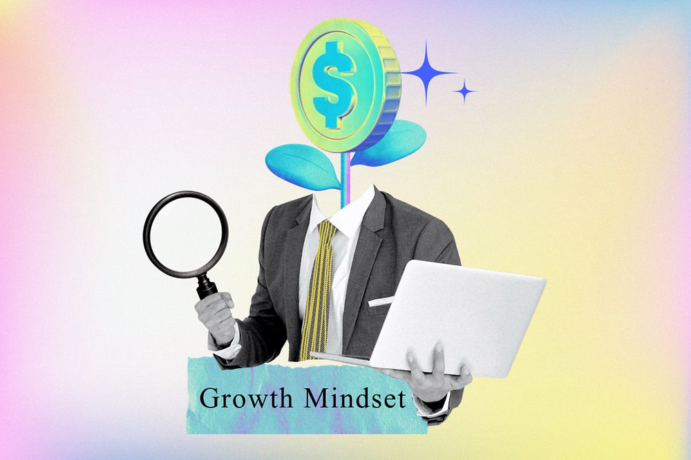 Editable growth mindset word, money-head businessman collage remix